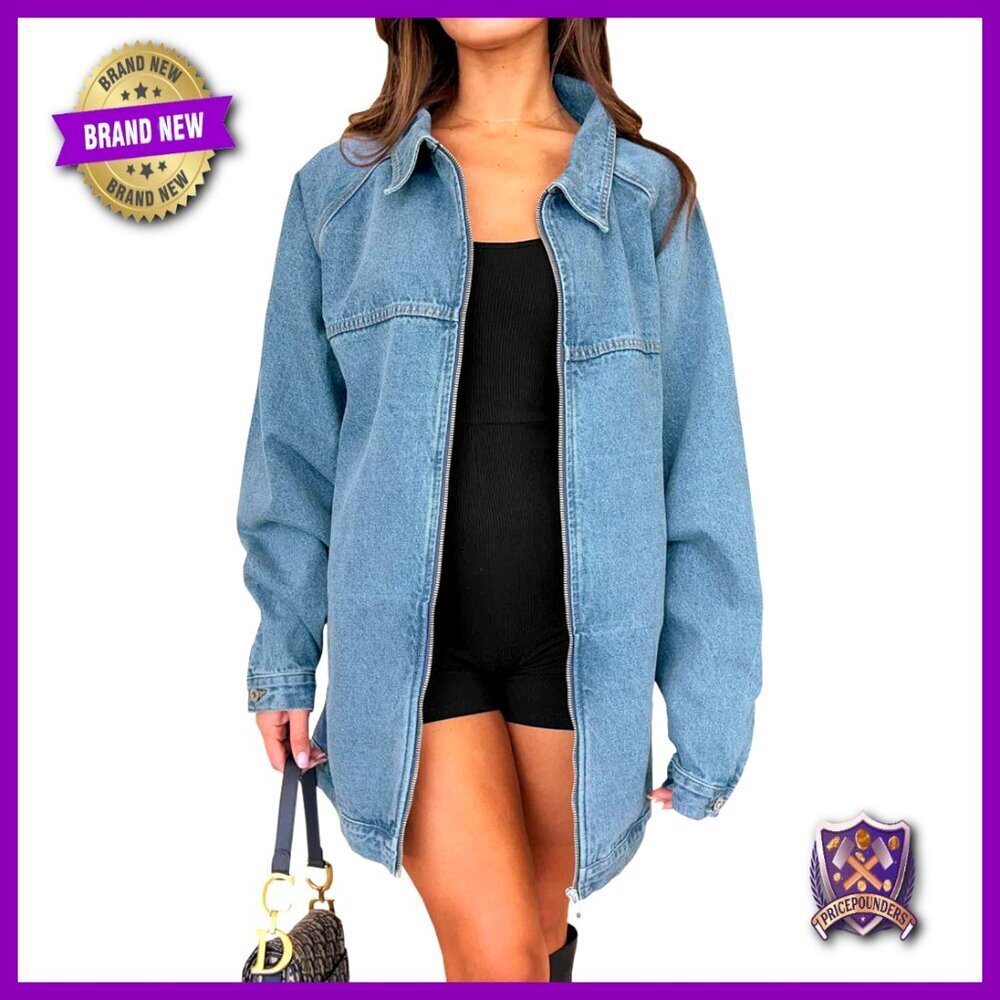Oversized Denim Jacket Distressed Boyfriend Style Zip Up Long Sleeve Casual